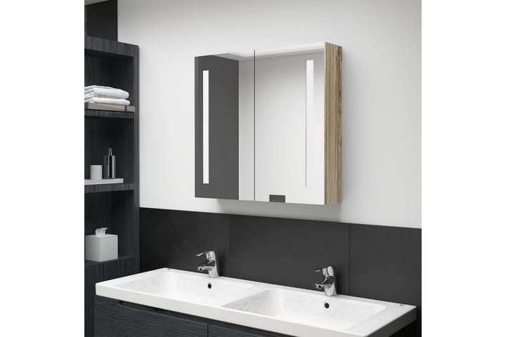 Badrumsskåp med spegel LED ek 62x14x60 cm - Brun - Förvaring - Badrumsförvaring - Spegelskåp