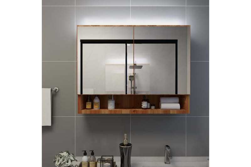 LED-Spegelskåp för badrum ek 80x15x60 cm MDF - Brun - Förvaring - Badrumsförvaring