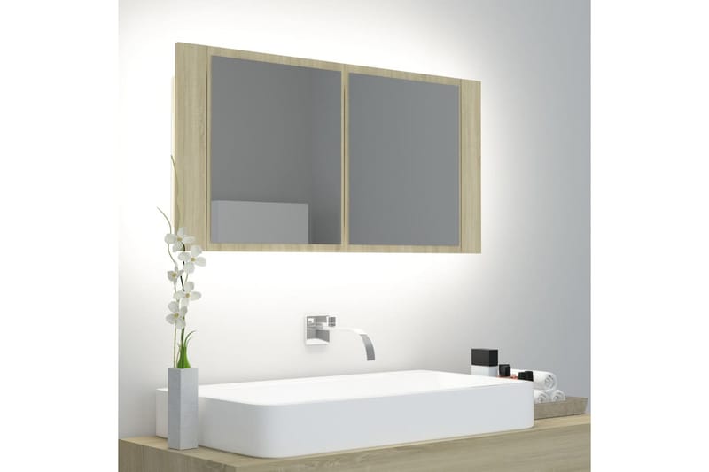 Spegelskåp med LED sonoma-ek 90x12x45 cm - Brun - Förvaring - Badrumsförvaring - Spegelskåp