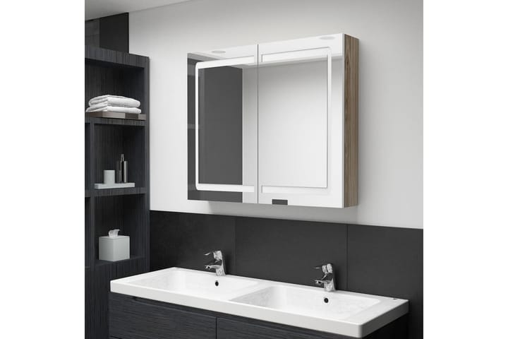 Spegelskåp med LED vit och ek 80x12x68 cm - Vit - Förvaring - Badrumsförvaring - Spegelskåp