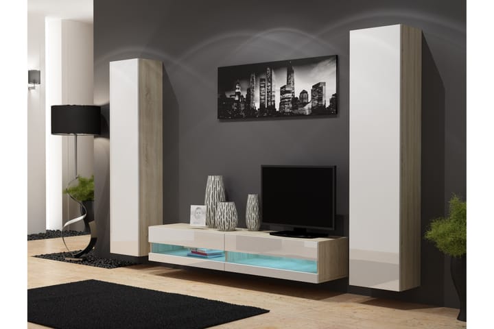 Möbelset för Vardagsrum Vigan New 4 - Sonomaek/Vit Högglans - Möbler - TV- & Mediamöbler - TV-bänk & mediabänk