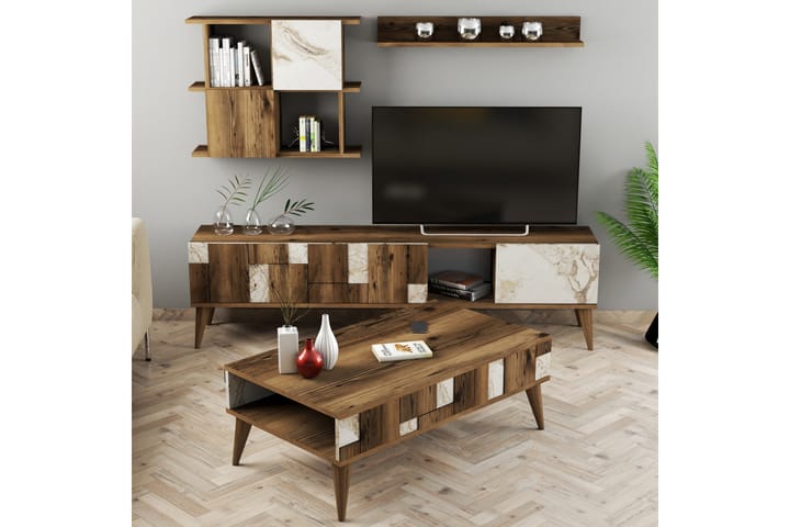 Vardagsrumsmöbelset Moyano 180 cm - Vit/Mörkbrun - Förvaring - Förvaringsmöbler - Möbelset för vardagsrum