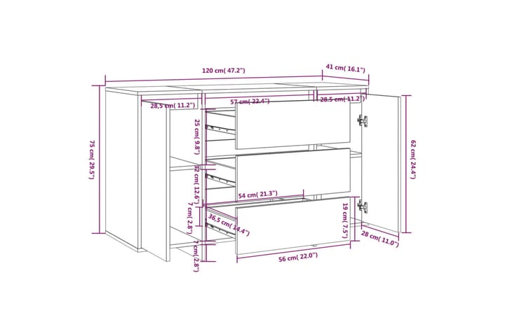 Skänk med 3 lådor grå sonoma 120x41x75 cm spånskiva - Grå - Förvaring - Förvaringsmöbler - Sideboard & skänk