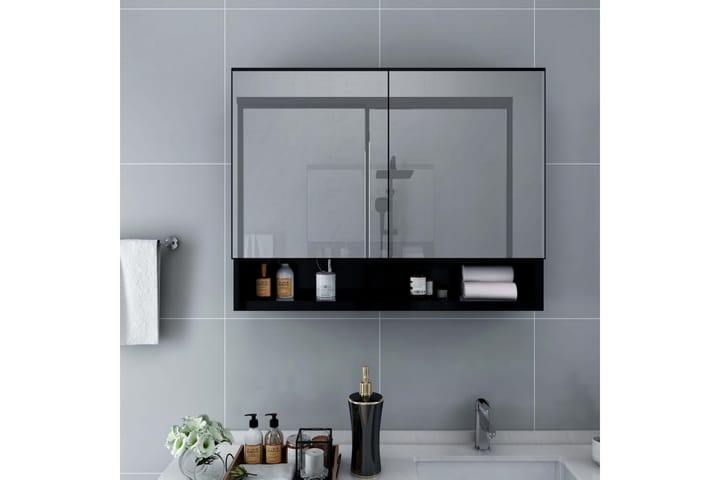 LED-Spegelskåp för badrum svart 80x15x60 cm MDF - Svart - Förvaring - Skåp - Förvaringsskåp