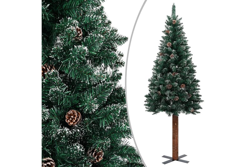 Smal plastgran med äkta trä och kottar vit snö grön 150 cm - Grön - Inredning - Dekoration & inredningsdetaljer - Julpynt & juldekoration - Plastgran