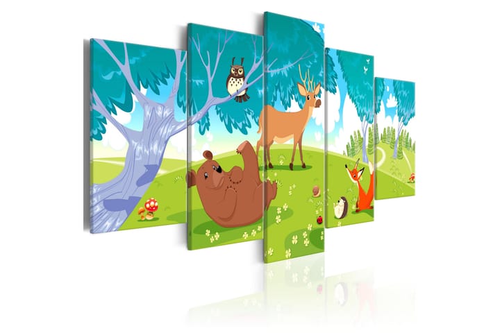 Tavla Friendly Animals 5 Parts 200X100 Grön|Flerfärgad|Vit - Tavlor för barn - Inredning - Barnrum inredning - Väggdekor barnrum - Barntavlor & poster barnrum