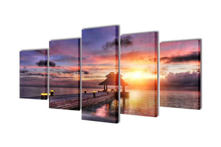 Uppsättning väggbonader på duk: strand med palm 200x100 cm - Flerfärgad - Inredning - Tavlor & posters - Canvastavla