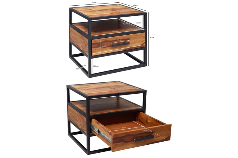 Sängbord Ayes 50 cm med Förvaring Låda + Hylla - Massivt Trä/Svart - Möbler - Bord & matgrupp - Avlastningsbord & sidobord - Sängbord & nattduksbord