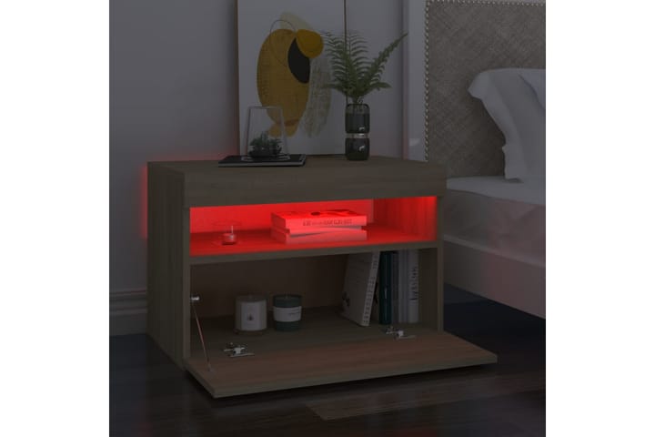 Sängbord med LED-belysning sonoma-ek 60x35x40 cm spånskiva - Brun - Möbler - Bord & matgrupp - Avlastningsbord & sidobord - Sängbord & nattduksbord