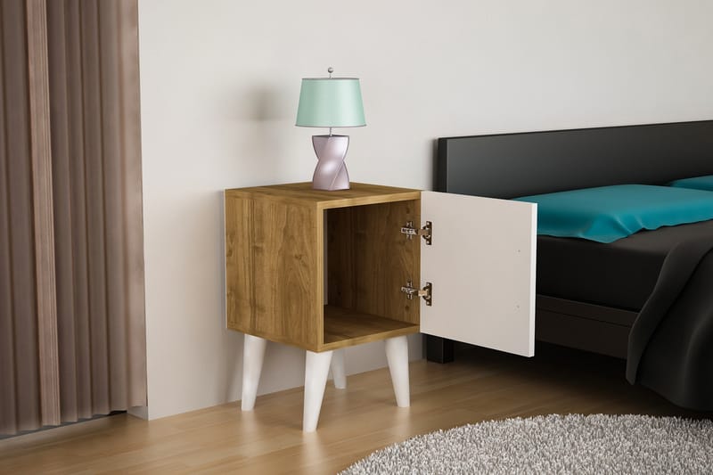 Sängbord Shaneka 35 cm Liten med Förvaring Skåp - Vit/Valnötsbrun - Möbler - Bord & matgrupp - Avlastningsbord & sidobord - Sängbord & nattduksbord