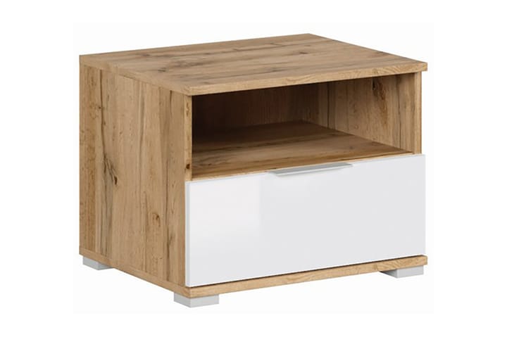 Sängbord Tobola 50 cm med Förvaring Hylla + Låda - Natur/Vit Högglans - Förvaring - Garderober & garderobssystem - Hörngarderob