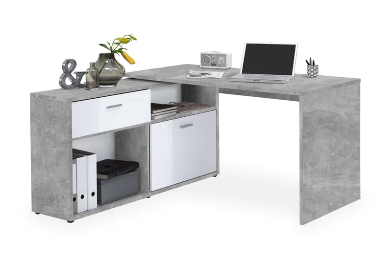 Hörnskrivbord Imani 138 cm med Justerbar Hylla - Vit|Betong - Möbler - Bord & matgrupp - Kontorsbord - Skrivbord
