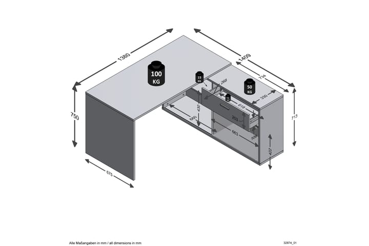 Hörnskrivbord Pirley 138 cm Svängd med Förvaring - Brun/Vit - Möbler - Bord & matgrupp - Kontorsbord - Skrivbord - Hörnskrivbord
