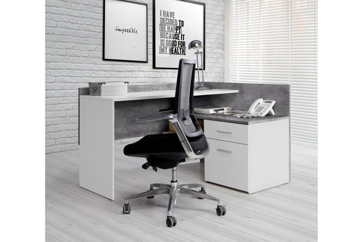 Hörnskrivbord Skirbeck 112 cm med Förvaring Hyllor + Lådor - Vit/Betonggrå - Möbler - Bord & matgrupp - Kontorsbord - Skrivbord - Hörnskrivbord