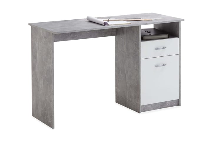FMD Skrivbord med 1 låda 123x50x76,5 cm betong och vit - Grå - Förvaring - Hylla - Vägghylla