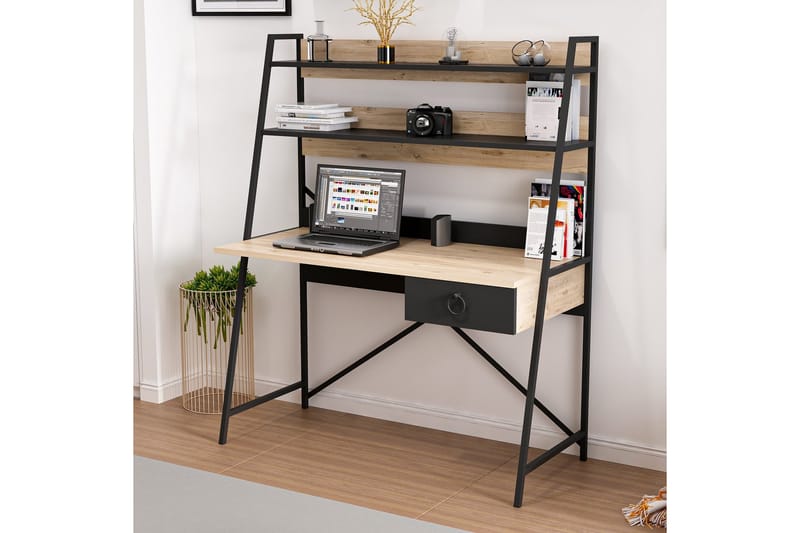 Skrivbord Aizpute 125 cm med Förvaring Låda + Hyllor - Natur/Svart - Möbler - Bord & matgrupp - Kontorsbord - Skrivbord