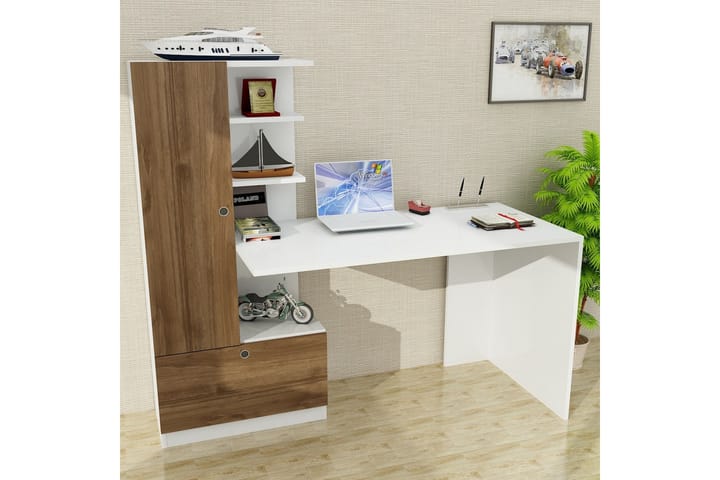 Skrivbord Lorella 120 cm med Förvaring Hyllor + Låda + Skåp - Vit/Valnötsbrun - Möbler - Bord & matgrupp - Kontorsbord - Skrivbord