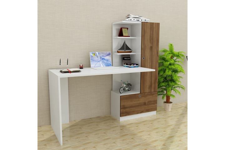 Skrivbord Lorella 150 cm med Förvaring Hyllor + Låda + Skåp - Vit/Valnötsbrun - Möbler - Bord & matgrupp - Kontorsbord - Skrivbord