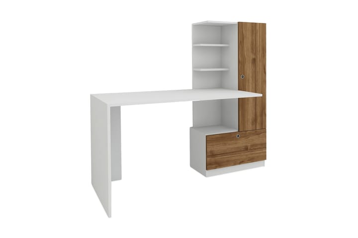 Skrivbord Lorella 150 cm med Förvaring Hyllor + Låda + Skåp - Vit/Valnötsbrun - Möbler - Bord & matgrupp - Kontorsbord - Skrivbord