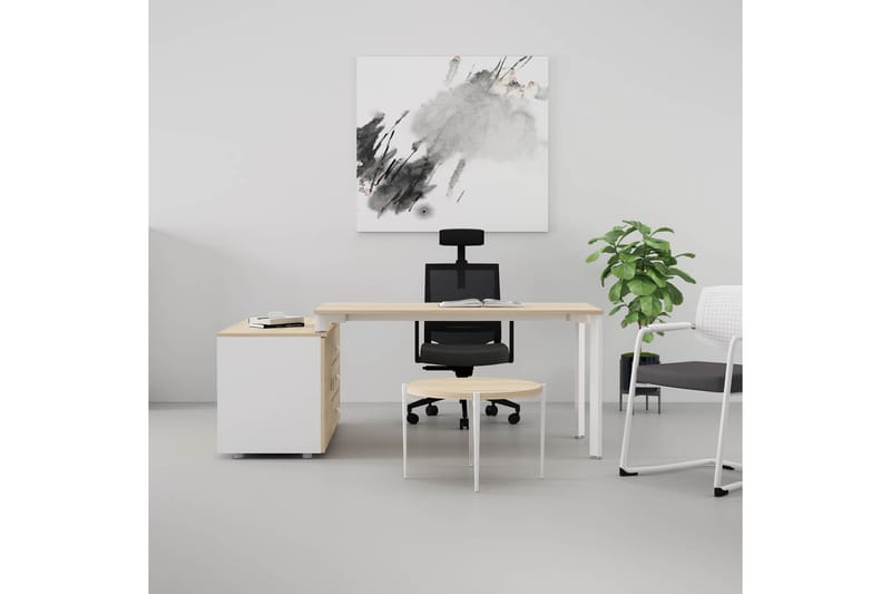 Skrivbord Puzol 196 cm med Förvaring Skåp + 3 Lådor - Akaciafärg/Vit/Grå - Möbler - Bord & matgrupp - Kontorsbord - Skrivbord