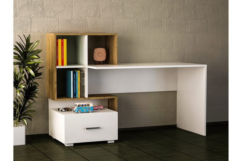 Skrivbord Wemus 152 cm med Förvaring Låda+Hyllor - Vit/Valnötsbrun - Möbler - Bord & matgrupp - Kontorsbord - Skrivbord