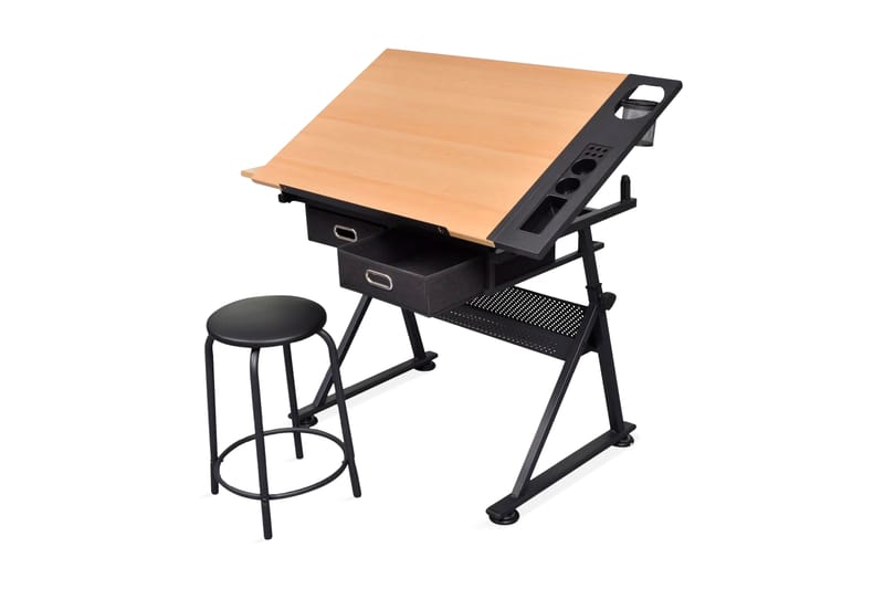 Vinklingsbart ritbord med 2 lådor och 1 pall - Brun - Möbler - Bord & matgrupp - Kontorsbord - Skrivbord - Hörnskrivbord
