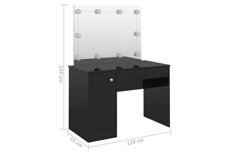 Sminkbord med LED-belysning 110x55x145 cm MDF svart glänsand - Svart - Möbler - Bord & matgrupp - Sminkbord & toalettbord
