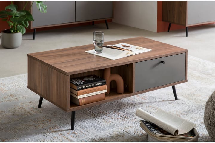 Soffbord Alfio 100 cm med Förvaring Lådor + Hyllor - Grå/Valnötsbrun - Möbler - Bord & matgrupp - Soffbord