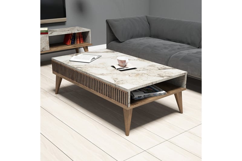 Soffbord Lebens 105 cm med Förvaring Hylla Marmormönster - Valnötsbrun/Vit - Möbler - Bord & matgrupp - Soffbord
