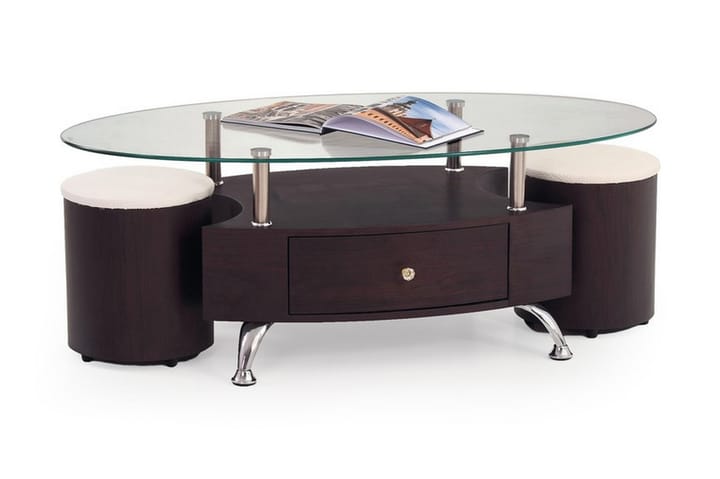 Soffbord Mascorro med Pallar 120 cm Ovalt m Förvaring Hylla+ - Glas/Körsbärsbrun - Möbler - Bord & matgrupp - Soffbord