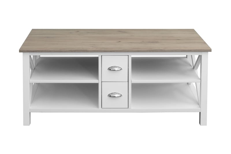 Soffbord Mikael 120 cm med Förvaring Hyllor + Lådor - Ekfanér/Vit/Grå - Möbler - Bord & matgrupp - Soffbord