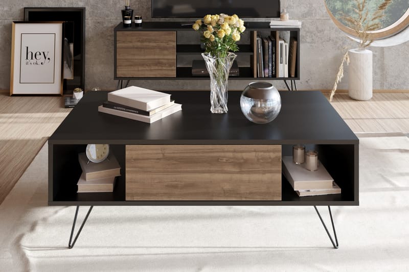 Soffbord Misticon 120 cm med Förvaring Hylla+Lucka - Svart/Valnötsbrun - Möbler - Bord & matgrupp - Soffbord