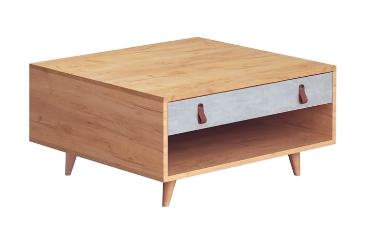 Soffbord Naidaj 80 cm med Förvaring Låda + Hylla Läderbeslag - Grå/Trä - Möbler - Bord & matgrupp - Soffbord