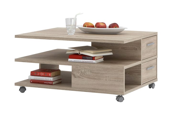Soffbord Nikki 92 cm med Förvaring Hyllor + Lådor på Hjul - Ekfärg - Möbler - Bord & matgrupp - Soffbord - Soffbord med förvaring