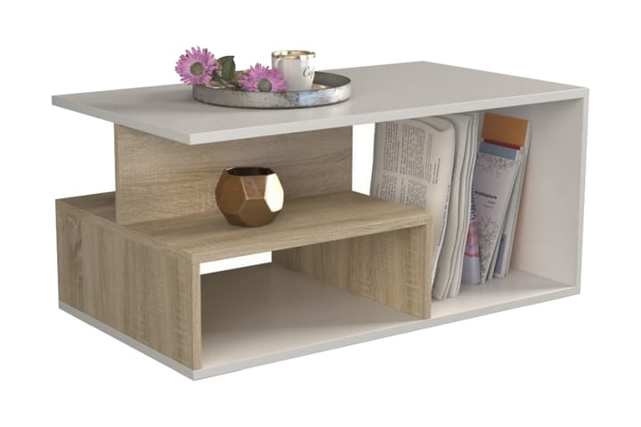 Soffbord Pirwala 90 cm med Förvaring Hyllor - Sonomaek/Vit - Möbler - Soffa - Bäddsoffa - Längsbäddad bäddsoffa