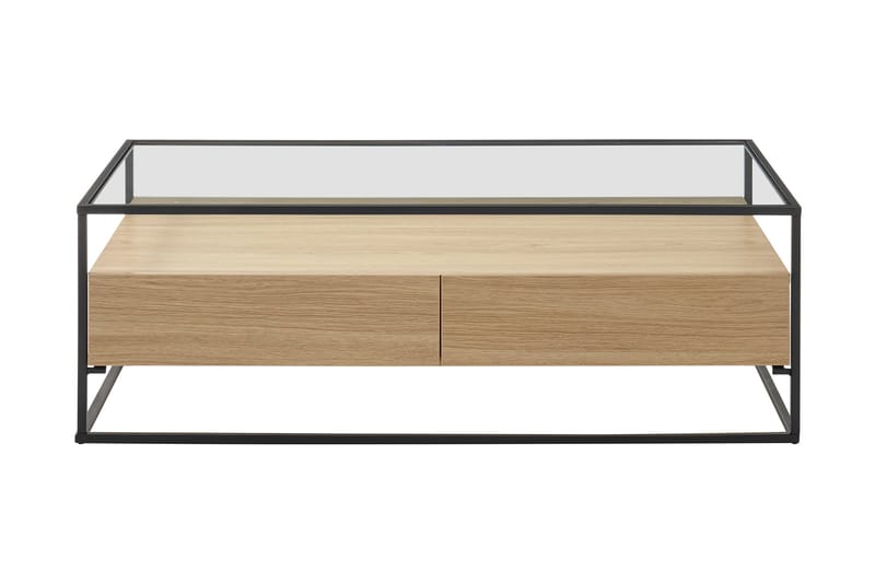 Soffbord Pitlik 120 cm med Förvaring 2 Lådor + Hylla - Glas/Ekdekor/Svart - Möbler - Bord & matgrupp - Soffbord