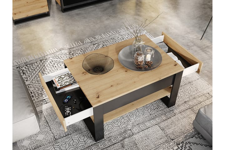 Soffbord Quant 100 cm med Förvaring 2 Lådor + Hylla - Ekfärg/Svart - Möbler - Bord & matgrupp - Soffbord