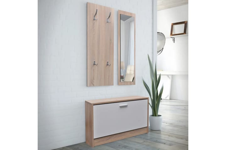 Skoskåp 3-i-1 med spegel och hängare ek vit - Brun - Möbler - Hallmöbler - Möbelset för hall & entre