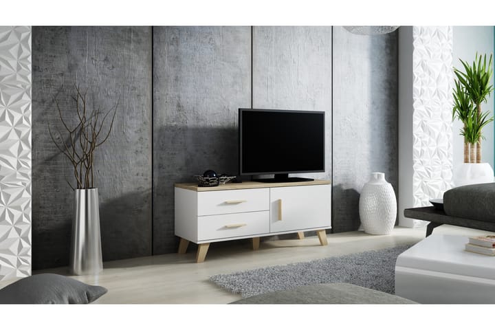Tv-bänk Loteria 120x40x53 cm med Dörr + 2 Lådor - Vit/Sonomaek - Möbler - TV- & Mediamöbler - TV bänk & mediabänk
