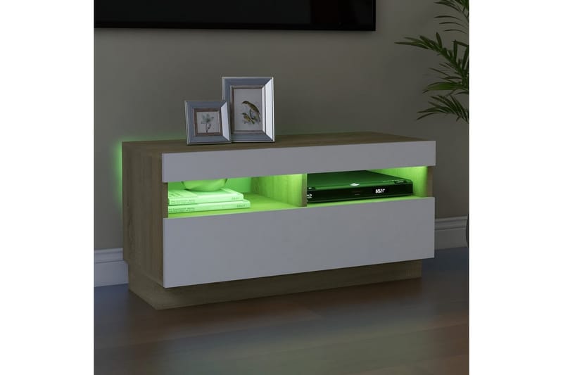 TV-bänk med LED-belysning vit och sonoma-ek 80x35x40 cm - Vit - Möbler - TV- & Mediamöbler - TV-bänk & mediabänk