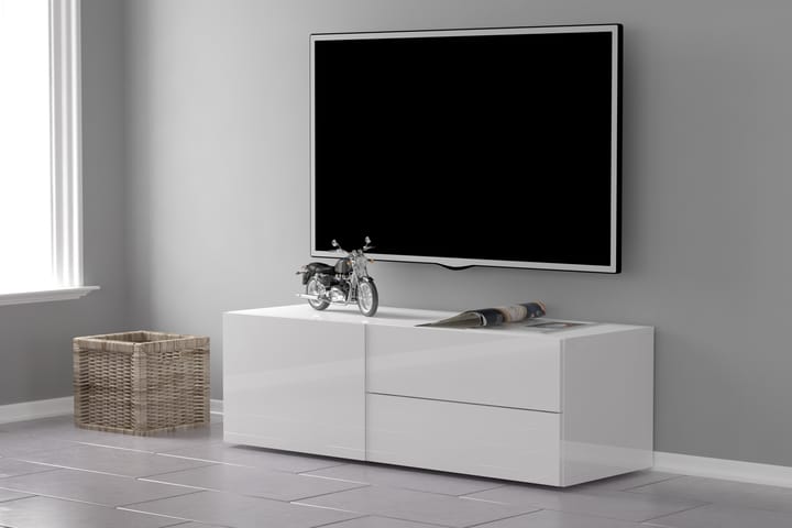 Tv-bänk Metzera 110 cm Dörr + 2 Lådor - Vit Högglans - Möbler - TV- & Mediamöbler - TV-bänk & mediabänk