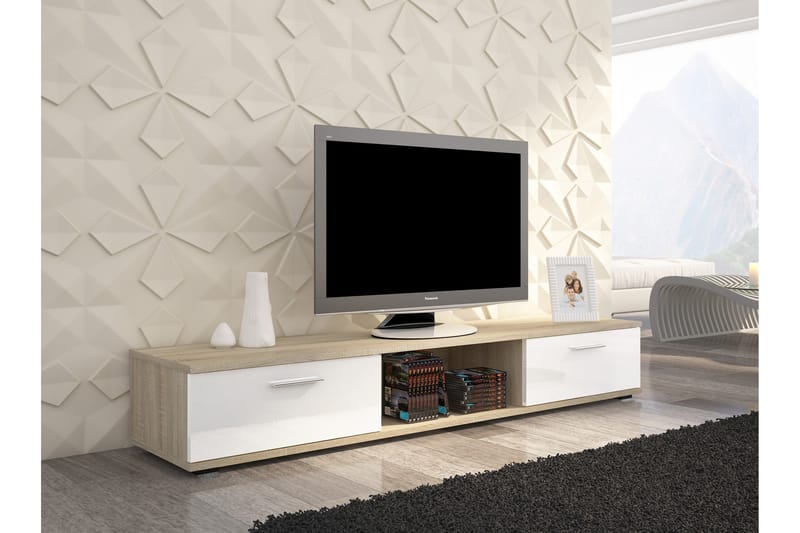 Tv-bänk Sellent 176 cm med 2 Lådor + Hylla - Sonomaek/Vit Högglans - Möbler - TV- & Mediamöbler - TV bänk & mediabänk