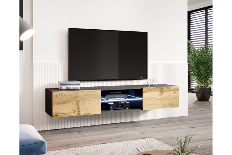 Tv-bänk Vigan Glass 180x40x30 cm - Glas/Svart/Ekfärg - Möbler - TV- & Mediamöbler - TV bänk & mediabänk