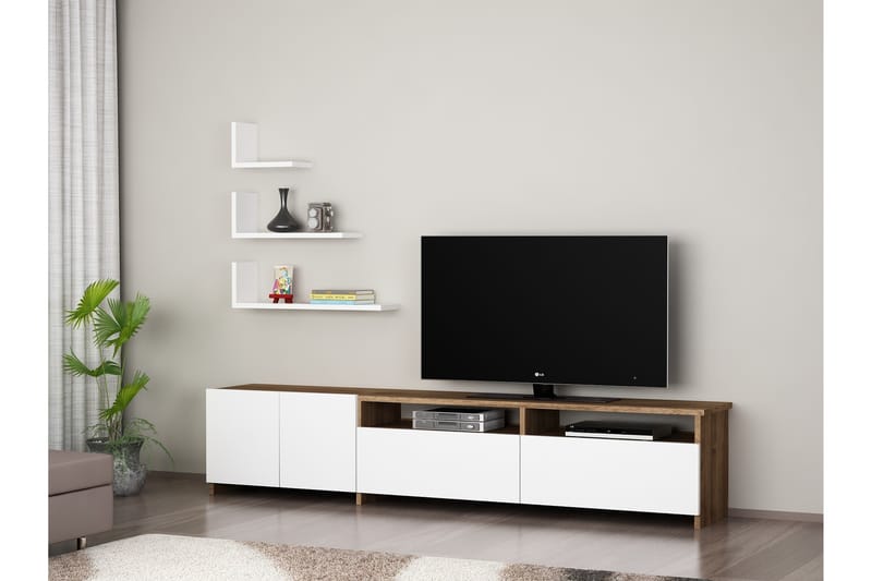 Tv-Bänk Joshua inkl 3 Hyllor - Vit|Valnöt - Möbler - TV- & Mediamöbler - TV-möbelset