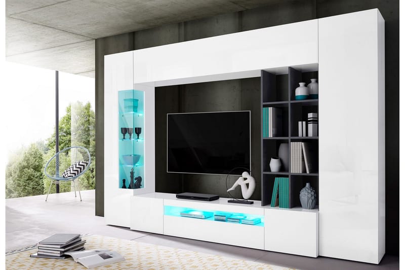 Tv-möbelset Basyun 290x191 cm - Glas/Vit/Svart - Förvaring - Förvaringsmöbler - Möbelset för vardagsrum