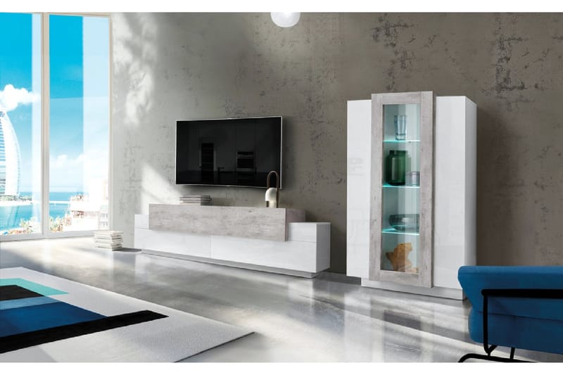 Tv-möbelset Cordera 280x121 cm - Glas/Vit Högglans/Betonggrå - Möbler - TV- & Mediamöbler - TV-skåp