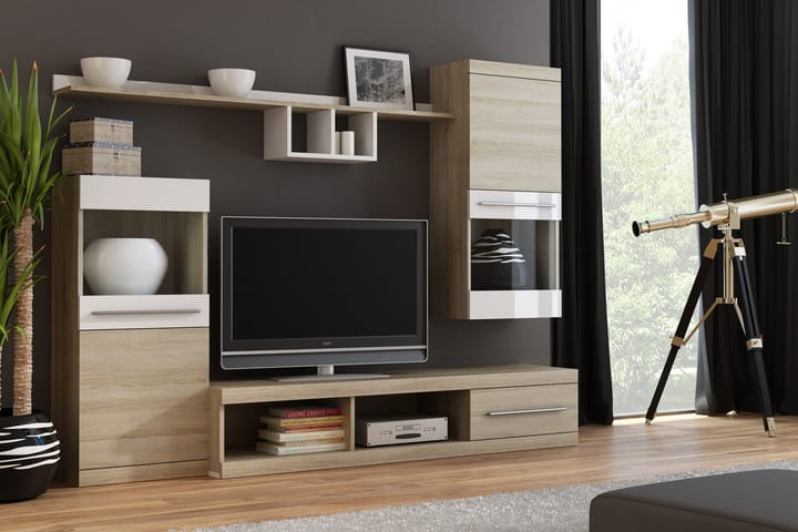 Tv-möbelset Nashera 220x41x190 cm - Glas/Vit Högglans/Matt Sonomaek - Möbler - TV- & Mediamöbler - TV-möbelset