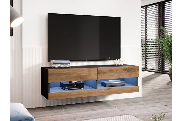 Tv-skåp Veria 140 cm Blå LED - Natur/Svart - Möbler - TV- & Mediamöbler - TV-skåp