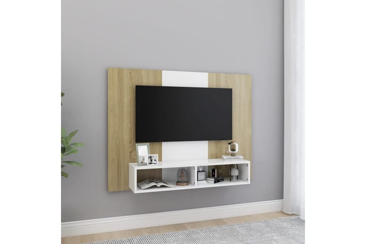 Väggmonterat tv-skåp vit och sonoma-ek 120x23,5x90 cm spånsk - Vit - Möbler - TV- & Mediamöbler - TV-skåp