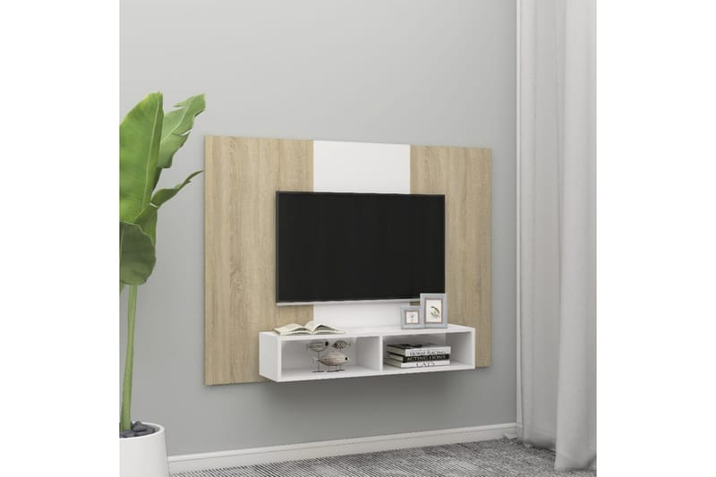 Väggmonterat tv-skåp vit och sonoma-ek 135x23,5x90 cm spånsk - Vit - Möbler - TV- & Mediamöbler - TV-skåp